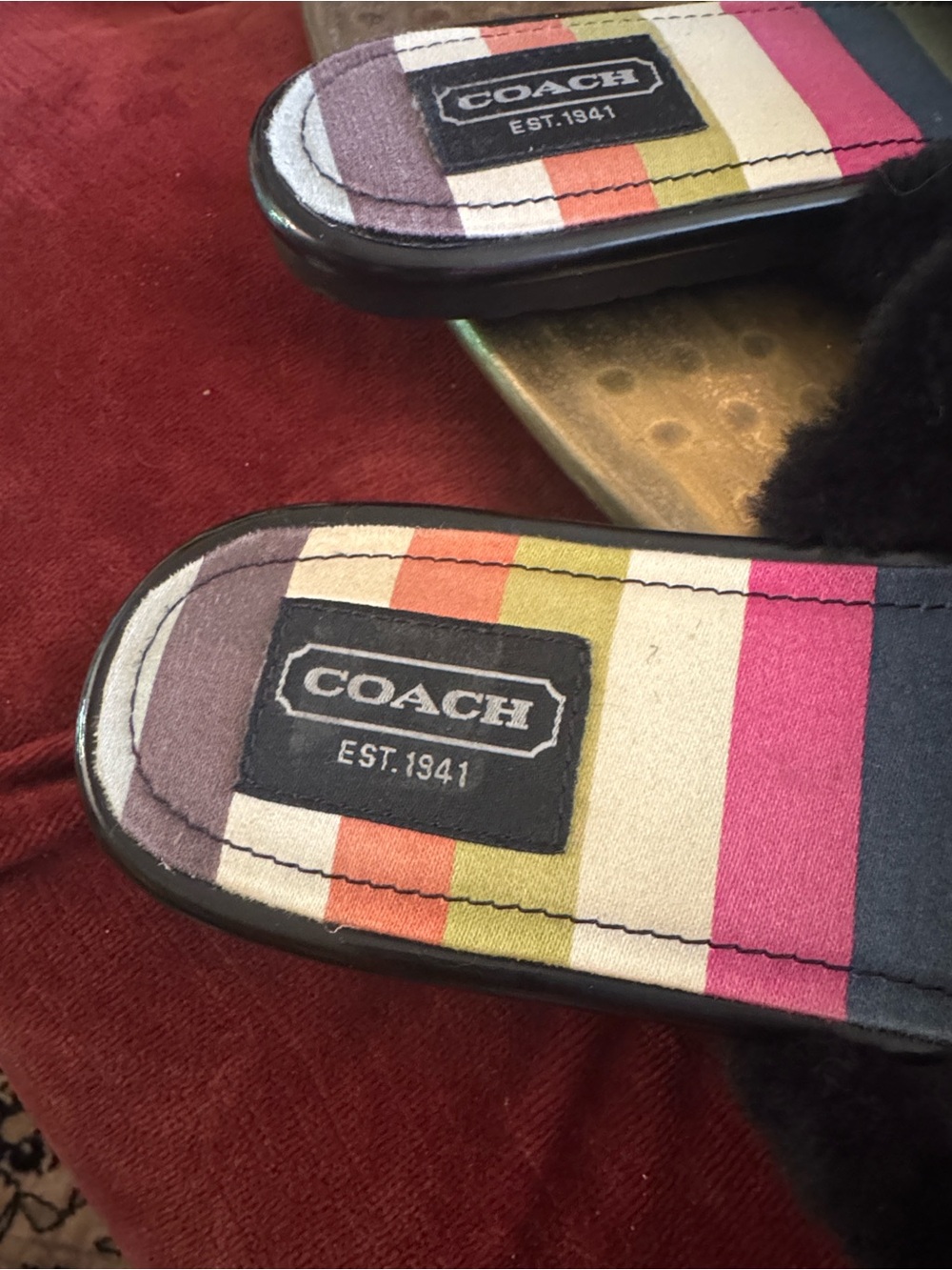 Coach Black Signature Logo Shearling Slide Slippers with Striped Insole - Picture 2 of 5
